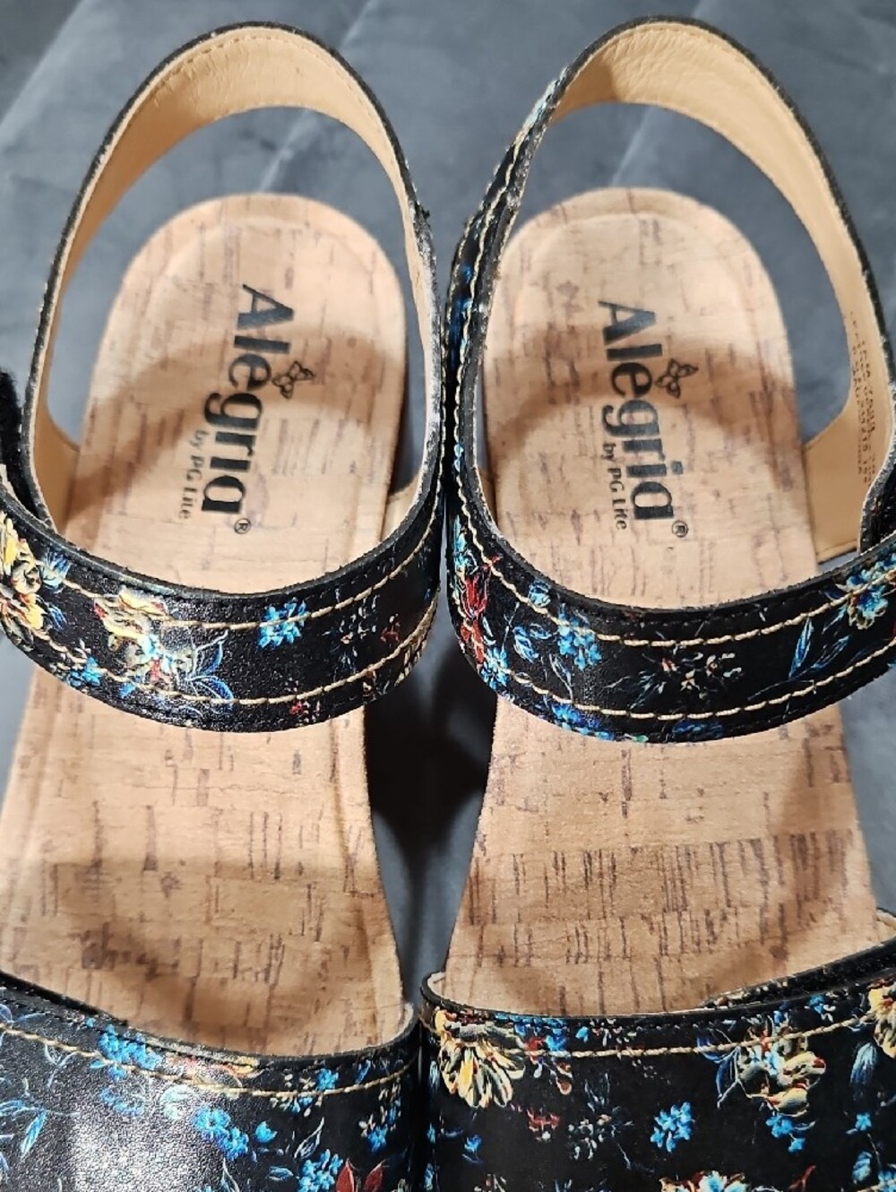 Alegria Black Floral Platform Sandals with Wood-Look Sole - Picture 2 of 5